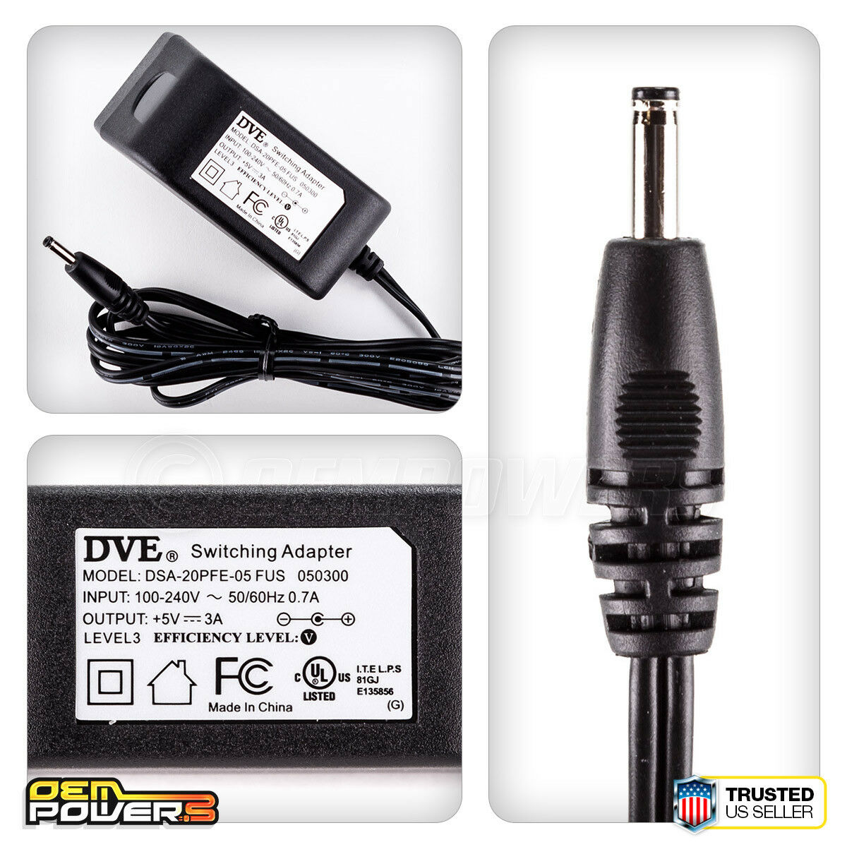 NEW GENUINE DVE DSA-20PFE-05 FUS 050300 5V 3A Switching AC Power Adapter Charger Brand: DVE Output Voltage: 5 V Ty NEW GENUINE DVE DSA-20PFE-05 FUS 050300 5V 3A Switching AC Power Adapter Charger Brand: DVE Output Voltage: 5 V Ty