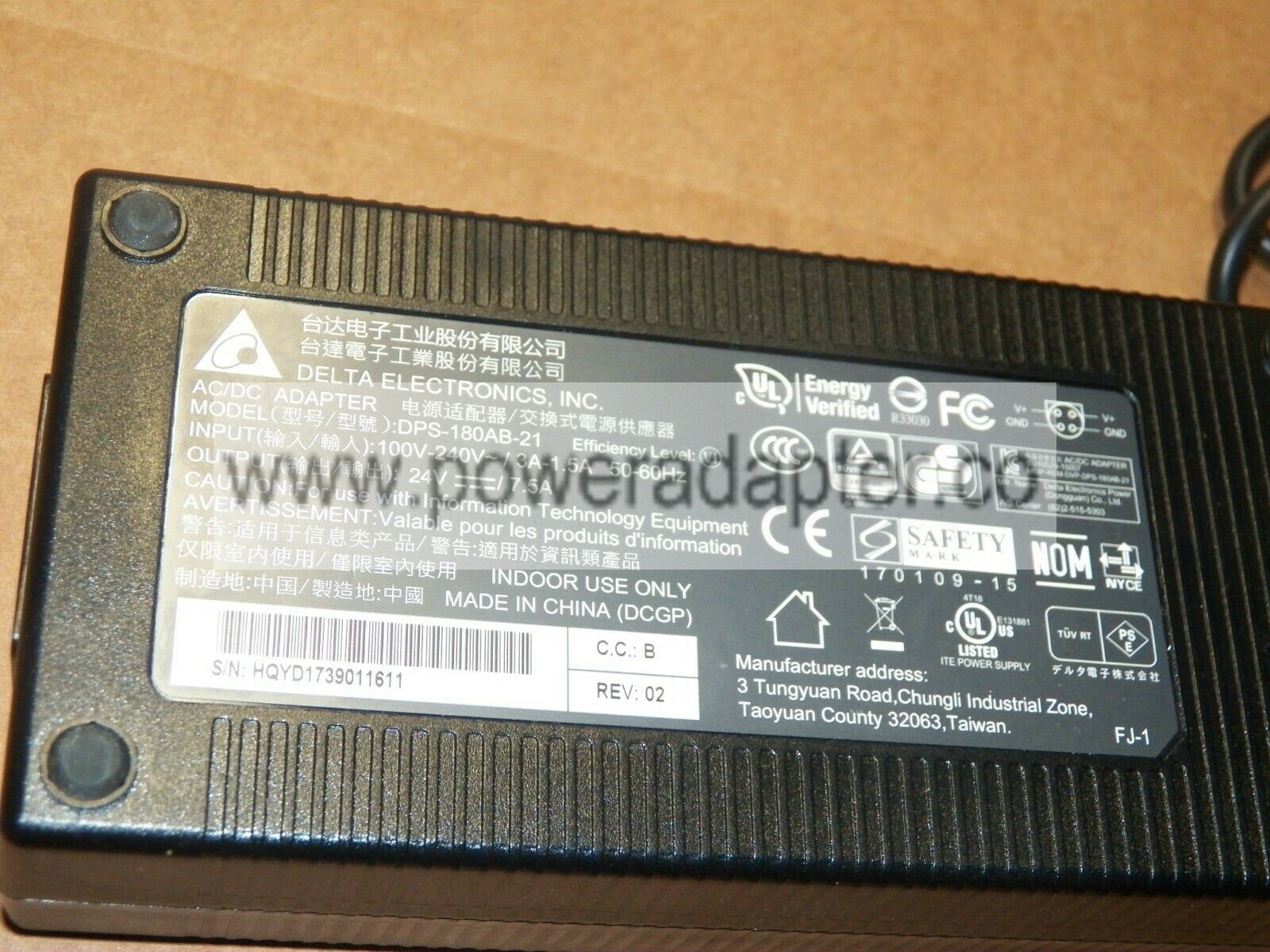 Delta Electronics DPS-180AB-21 24V 7.5A Power AC Adapter Max. Output Power: 180 W MPN: DPS-180AB-21 Output Voltage(s Delta Electronics DPS-180AB-21 24V 7.5A Power AC Adapter Max. Output Power: 180 W MPN: DPS-180AB-21 Output Voltage(s