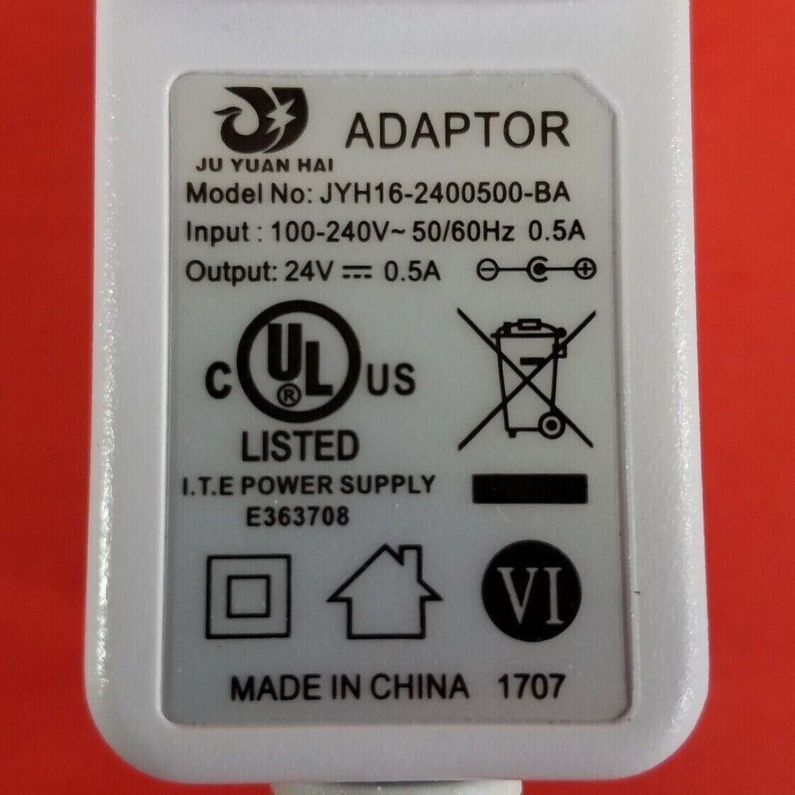 JU YUAN HAI JYH16-2400500-BA Power Supply Adaptor 24V - 0.5A OEM AC/DC Adapter Type: AC/DC Adapter Features: Powered JU YUAN HAI JYH16-2400500-BA Power Supply Adaptor 24V - 0.5A OEM AC/DC Adapter Type: AC/DC Adapter Features: Powered