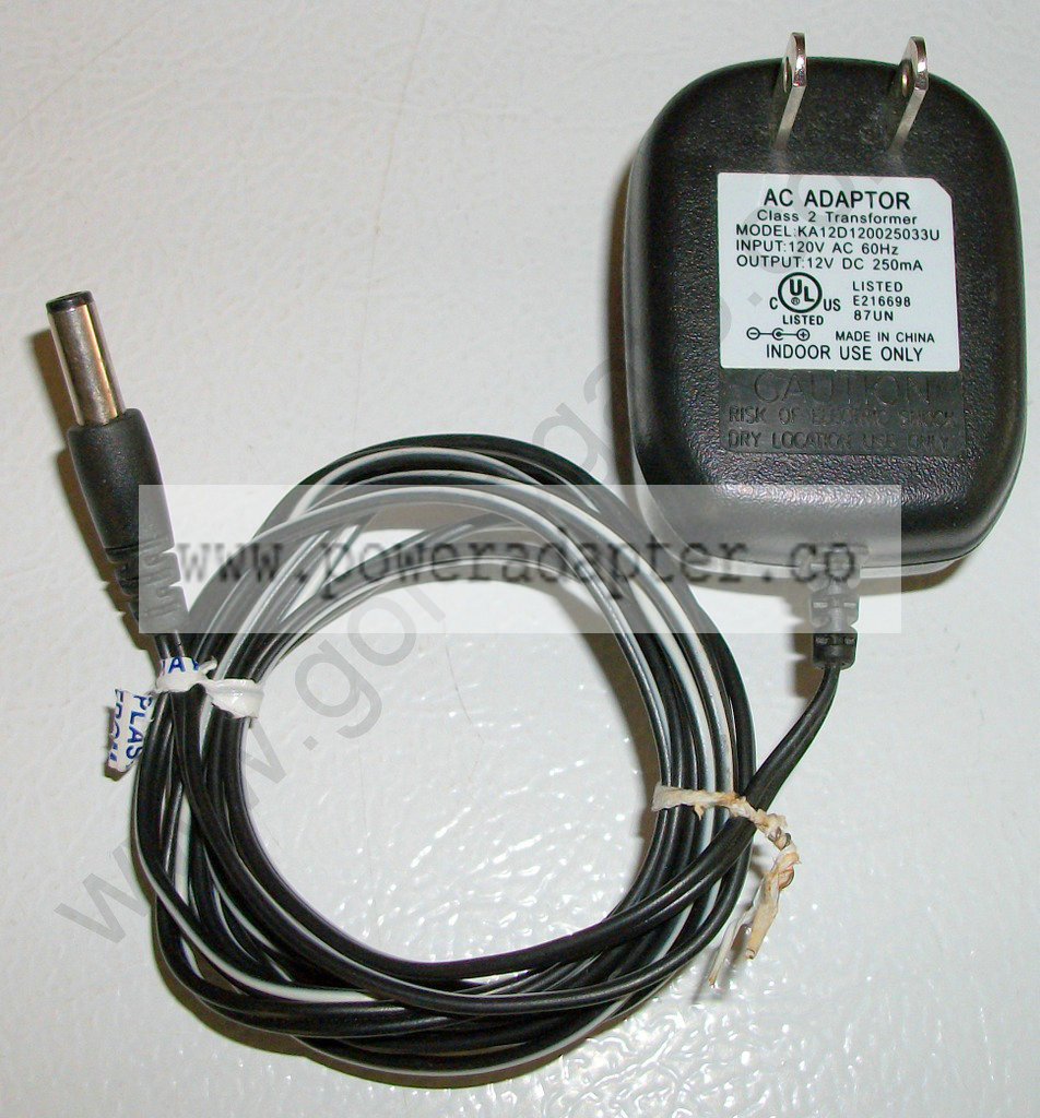 Radio Shack AC Adapter 12VDC, 250mA KA12D120025033U [KA12D1200250] Input: 120VAC 60Hz, Output: 12VDC 250mA. Made in th