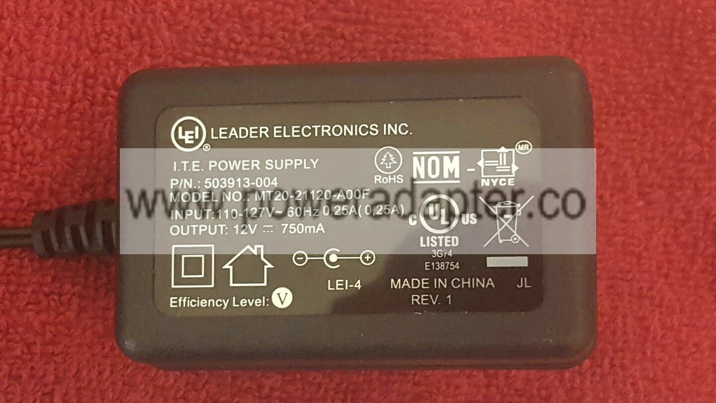 LEI Power Supply Adapter 503913-004 MT20-21120-A00F 12v 750mA Tested Brand: LEI Output Voltage: 12V MPN: MT20-21120 LEI Power Supply Adapter 503913-004 MT20-21120-A00F 12v 750mA Tested Brand: LEI Output Voltage: 12V MPN: MT20-21120