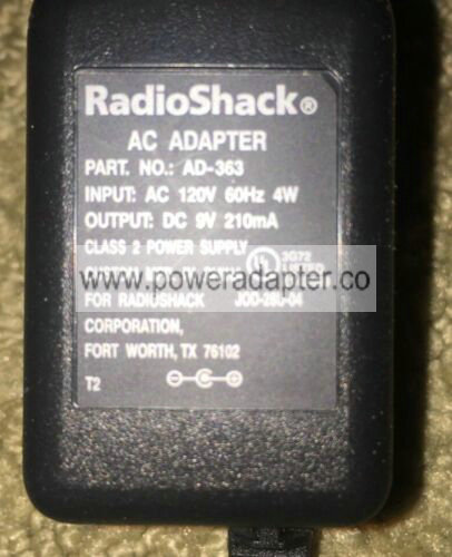 Radio Shack AD-363 Adapter Power Supply Brand: RadioShack Output Voltage: 9V Model: AD-363 Radio Shack AD-363 Ad Radio Shack AD-363 Adapter Power Supply Brand: RadioShack Output Voltage: 9V Model: AD-363 Radio Shack AD-363 Ad