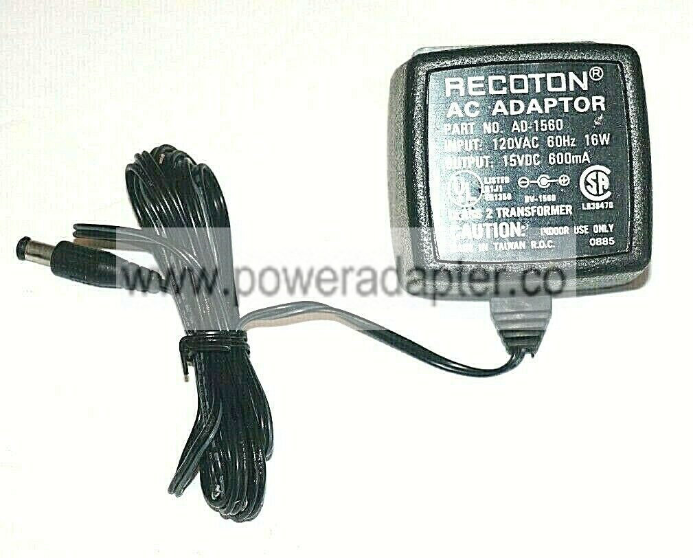 Recoton AC Adaptor Class 2 Transformer P/N: AD-1560 Output: 15VDC 600mA RECOTON AC ADAPTOR CLASS 2 TRANSFORMER P/N: