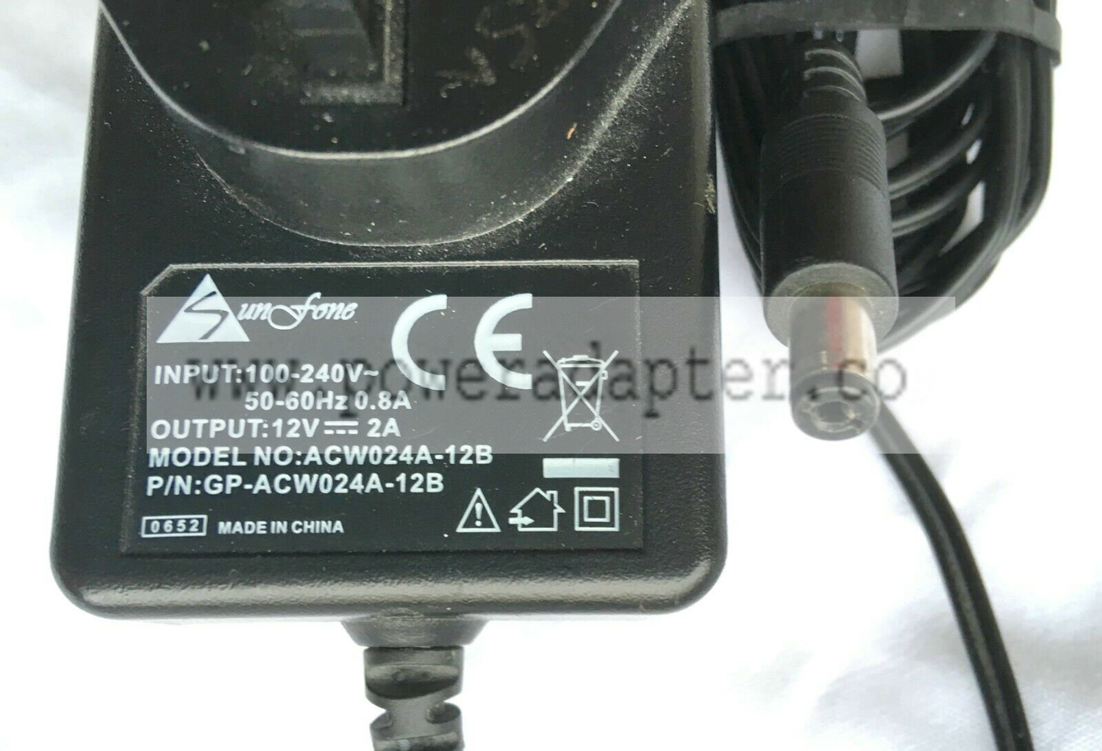 Sunfone GP-ACW024A-12B 12VDC 2A UK AC Adapter with Barrel Connector Connector Type: Barrel Max Power (W): 24W MPN: G Sunfone GP-ACW024A-12B 12VDC 2A UK AC Adapter with Barrel Connector Connector Type: Barrel Max Power (W): 24W MPN: G