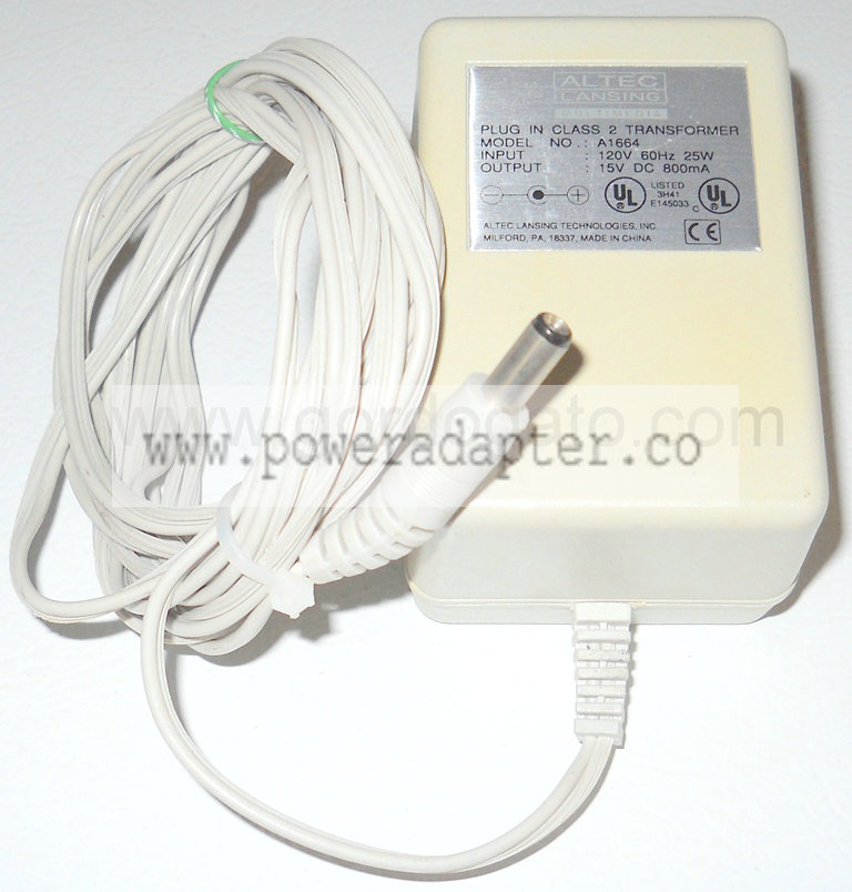 Altec Lansing Multimedia Speaker AC Adapter A1664 [A1664] Input: 120VAC 60Hz 25W, Output: 15VDC 800mA. Model No.: A1