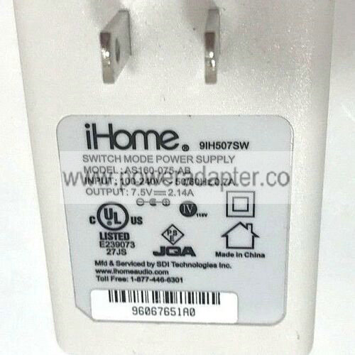 iHOME AS160-075-AB Switching Mode Power Supply Cord 7.5V 2.14A AC Adapter Plug Model: AS160-075-AB Brand: ihome Typ iHOME AS160-075-AB Switching Mode Power Supply Cord 7.5V 2.14A AC Adapter Plug Model: AS160-075-AB Brand: ihome Typ
