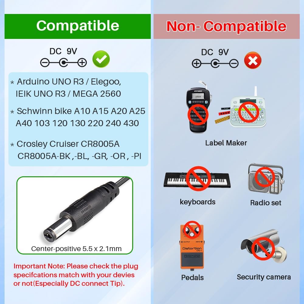 UL Listed 9V AC Power Adapter for Arduino, Power Supply Cord for Crosley Cruiser CR8005A,Schwinn Bike A10 A20 A40 220 43 UL Listed 9V AC Power Adapter for Arduino, Power Supply Cord for Crosley Cruiser CR8005A,Schwinn Bike A10 A20 A40 220 43