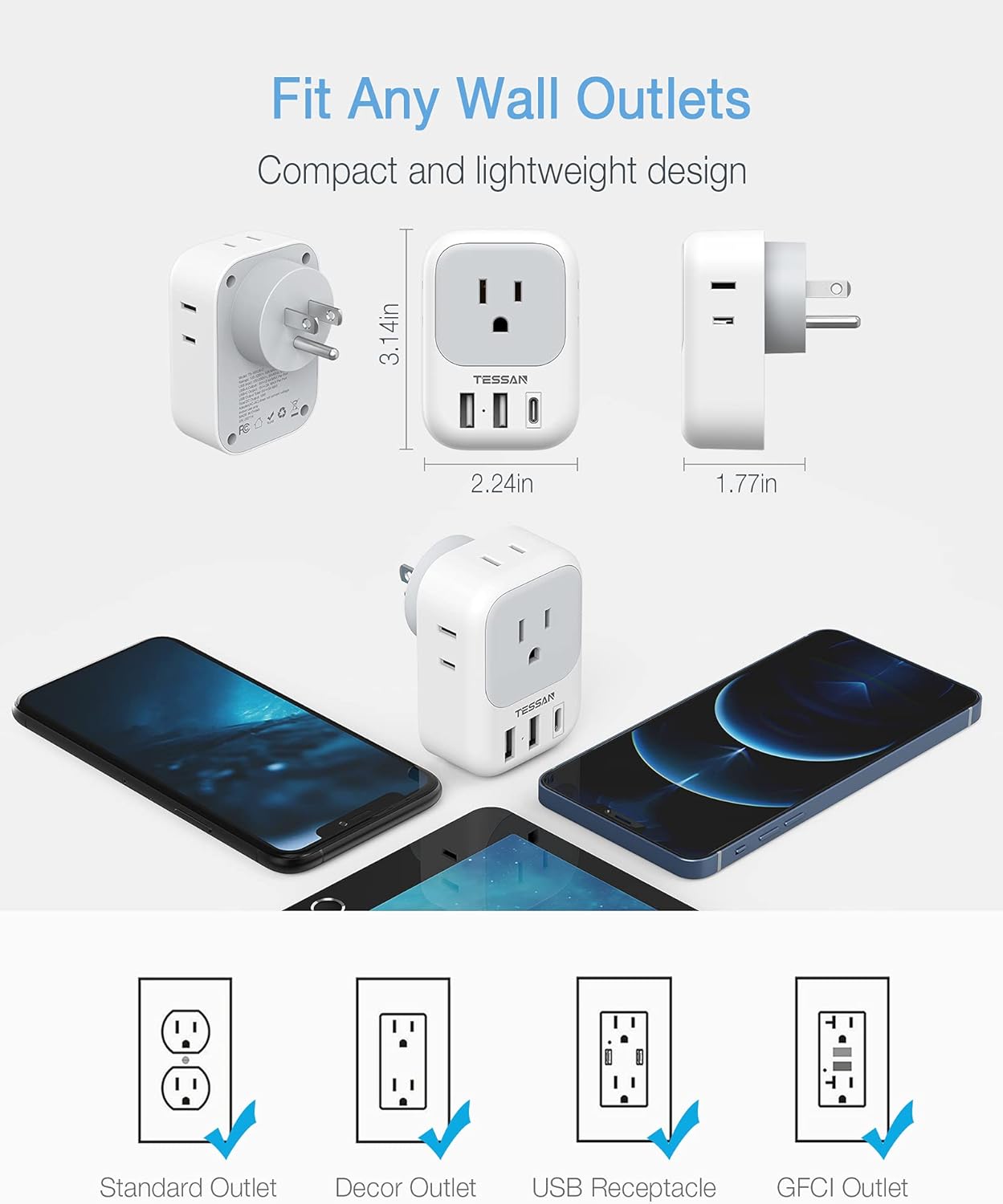 USB Wall Charger, USB Plug Adapter Outlet Extender, TESSAN 3 USB Block (1 USB C Port), Multi Charging Station for Cruise USB Wall Charger, USB Plug Adapter Outlet Extender, TESSAN 3 USB Block (1 USB C Port), Multi Charging Station for Cruise