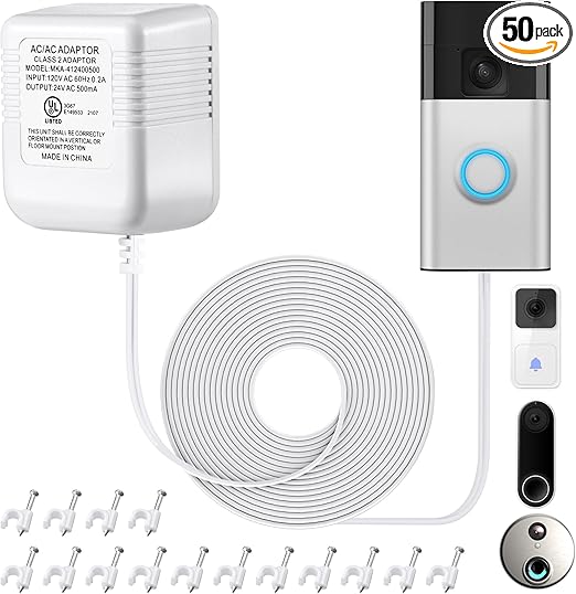 24V Doorbell Transformer, 16.4ft Long C Wire Power Supply 500mA Video Doorbell Power Adapter, with 48PCS Cable Clips Com 24V Doorbell Transformer, 16.4ft Long C Wire Power Supply 500mA Video Doorbell Power Adapter, with 48PCS Cable Clips Com