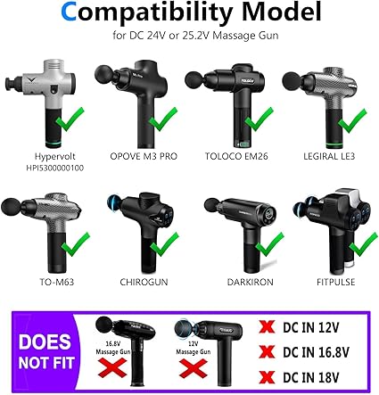 Massage Gun Power Adapter DC 24V or 25.2V Charger Compatible for Fitpulse, TOLOCO, Fusion, Kamu, Opove, Legiral, Hypervo Massage Gun Power Adapter DC 24V or 25.2V Charger Compatible for Fitpulse, TOLOCO, Fusion, Kamu, Opove, Legiral, Hypervo