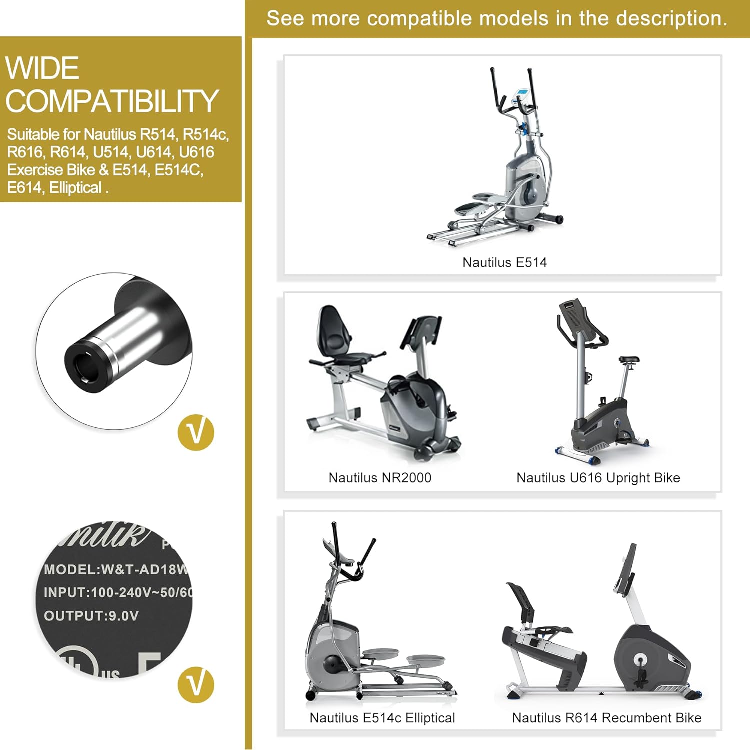 9V AC Adapter Fits for Nautilus Elliptical R514 R514c R616 R614 R618 U514 U614 U618 E514 E514c Exercise Bike CY48-090150 9V AC Adapter Fits for Nautilus Elliptical R514 R514c R616 R614 R618 U514 U614 U618 E514 E514c Exercise Bike CY48-090150