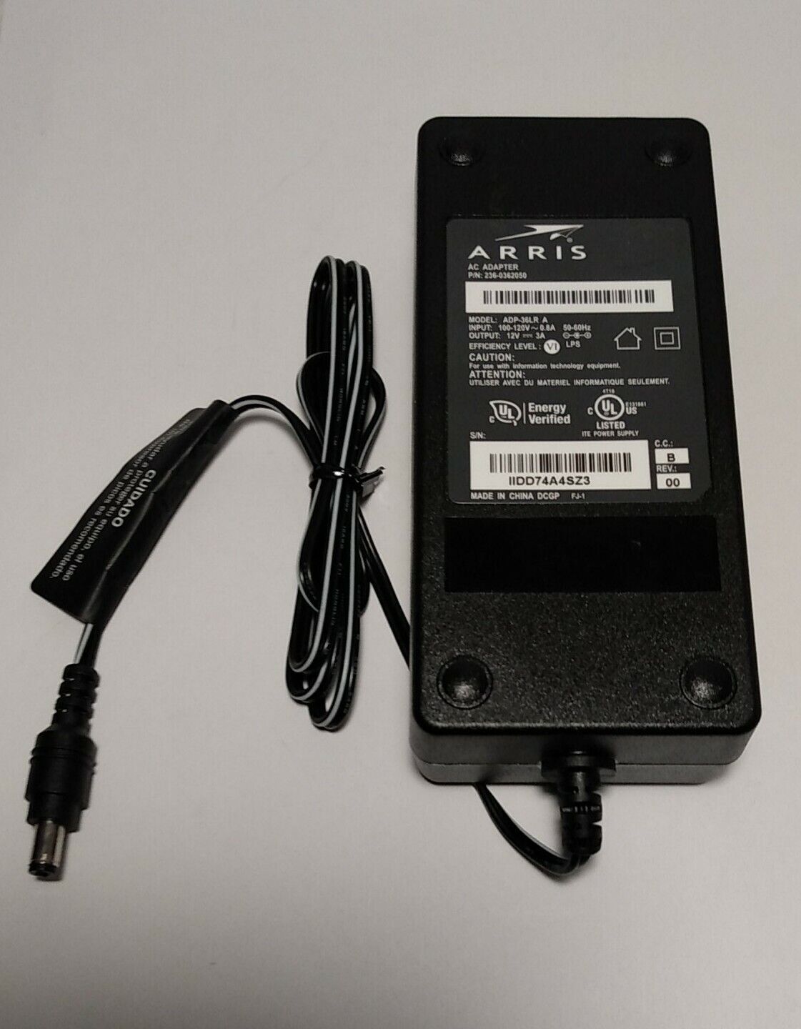 Arris AC Adapter ADP-36LR 12V 3A Power Supply (with Power Cord) Brand: Arris Type: AC ADAPTER Custom Bundle: No C Arris AC Adapter ADP-36LR 12V 3A Power Supply (with Power Cord) Brand: Arris Type: AC ADAPTER Custom Bundle: No C