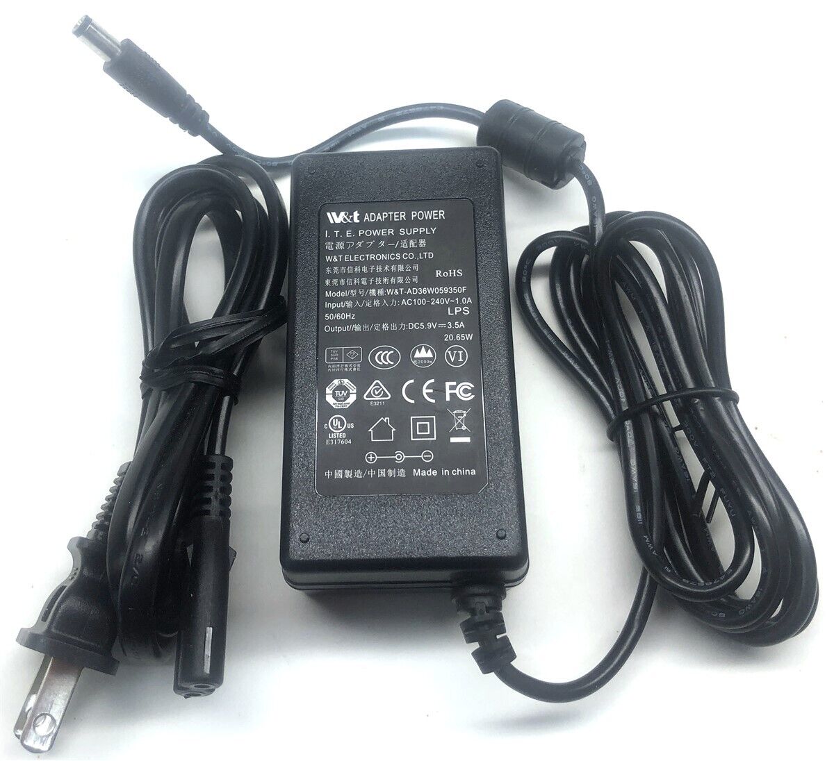 W&T Charger AC/DC Adapter Power Supply W&T-AD36W059350F 5.9V DC 3.5A 20.65W Brand W&T Type AC/DC Adapter MPN W&T-AD36W0 W&T Charger AC/DC Adapter Power Supply W&T-AD36W059350F 5.9V DC 3.5A 20.65W Brand W&T Type AC/DC Adapter MPN W&T-AD36W0